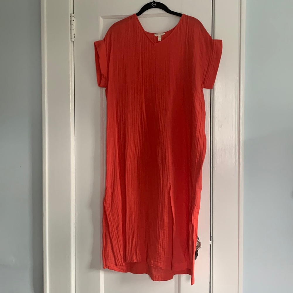 Eileen Fischer coral red cotton gauze dress